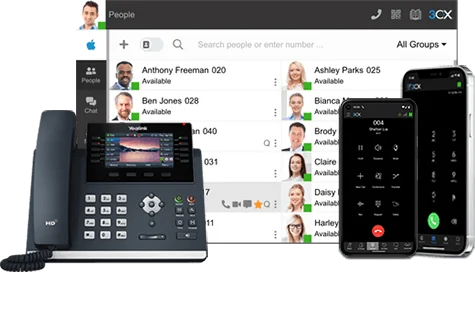 3CX softphone shown on a desk phone, desktop app and mobile phones