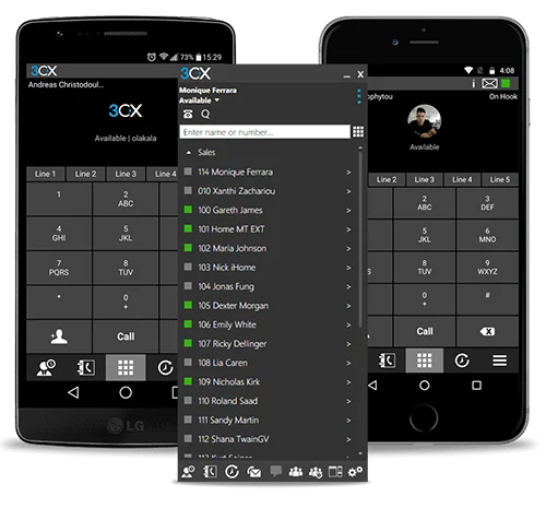 3CX softphone dialer and extension list on mobile phones